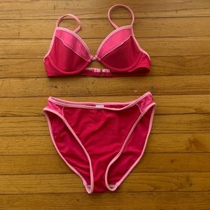 Vintage 90s 2 piece pink color block matching swim suit high cut leg bikini